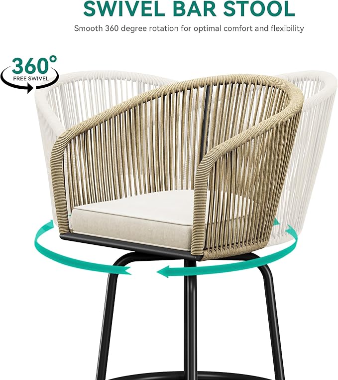 YITAHOME Counter Height Bar Stools Set of 2, Outdoor Bar Stools with Soft Cushions, Patio Rattan Swivel Bar Chairs for Backyard Poolside, Garden w /360 Rotation (Beige)