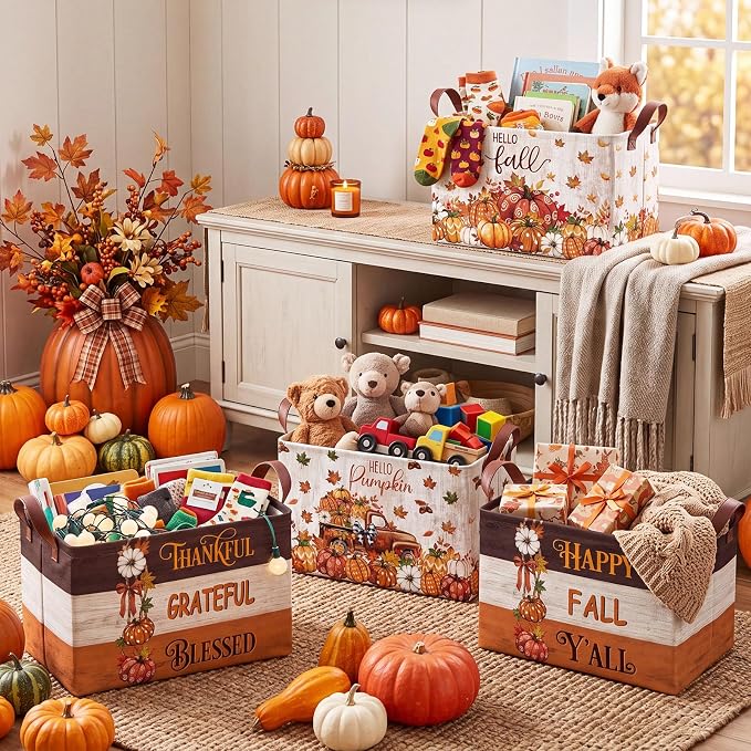 4 Pcs Fall Storage Basket for Gifts Empty with Handle, Large Fabric