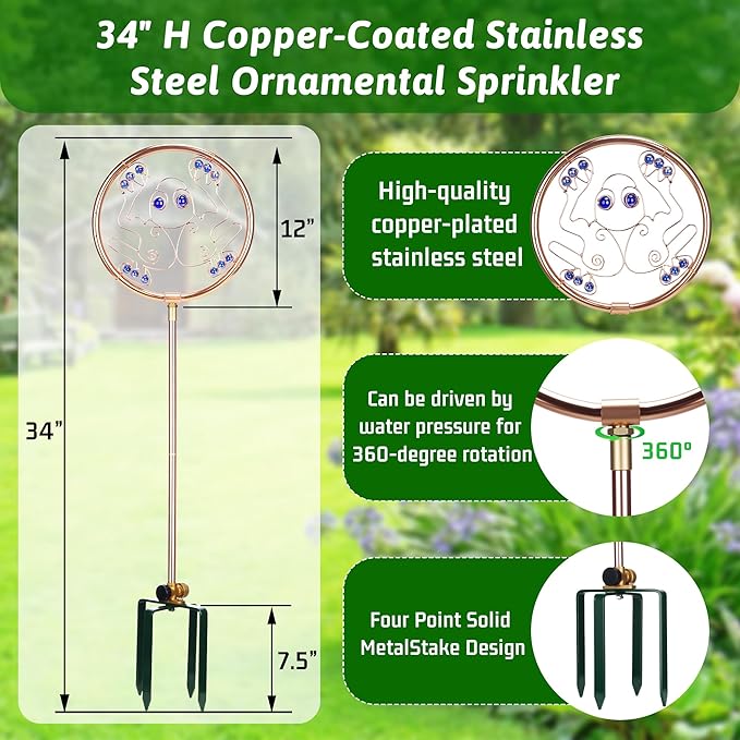 34" Tall Copper-Coated Stainless Steel Garden Sprinkler, 360° Rotating Decorative Ornamental Sprinkler for Lawn, Yard & Landscape Watering (Frog)