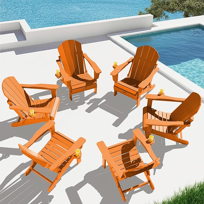 SERWALL Adirondack Chair Set of 6, Weather Resistant HIPS Lawn Chairs with Cup Holder for Patio Garden Weather Resistant Outdoors Fire Pit Chairs- Orange