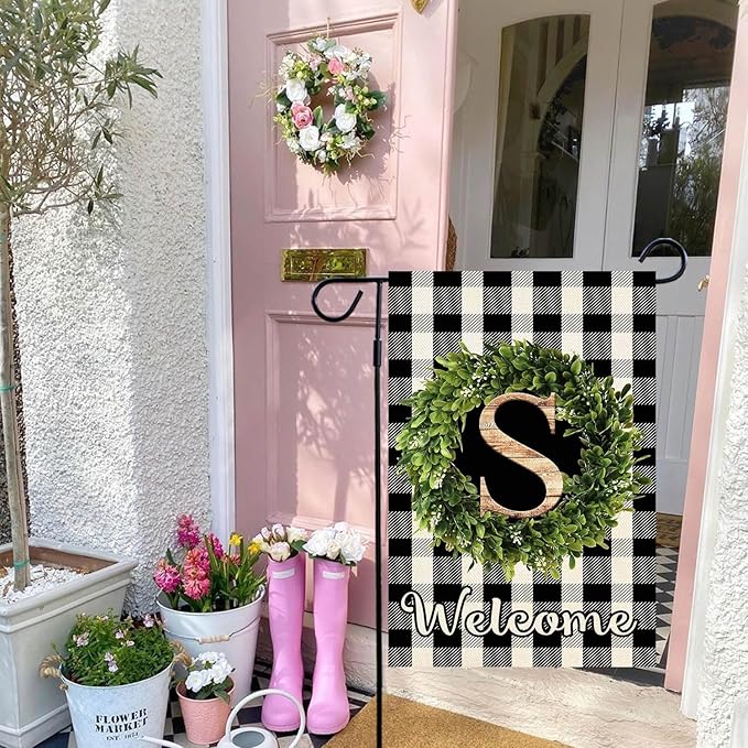 Baccessor Monogram Letter S Garden Flag 12.5 x 18 Inch, Buffalo Plaid Family Last Name Initial Boxwood Wreath Welcome Vertical Double Sided Small Flags for Outdoor Outside Decoration