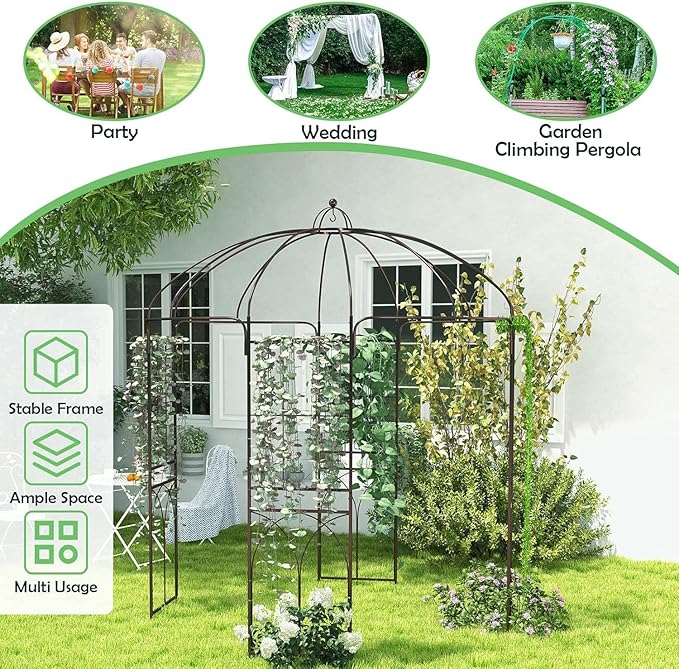 French Style Birdcage Shape Heavy Duty Gazebo,9'Highx 6‘6" Wide,Pergola Pavilion Arch Arbor Arbour Plants Stand Rack for Wedding Outdoor Garden Lawn Backyard Patio,Climbing Vines,Roses,Dark Rust