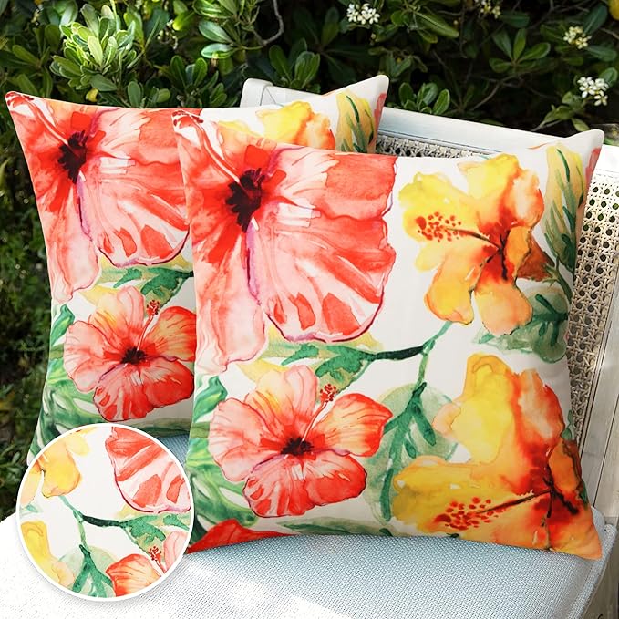 Pyonic Outdoor Pillows Covers Pack of 2 Spring Floral Waterproof Throw Pillow Covers 18X18 inch Outdoor Pillows for Patio Furniture Garden Square Outside Waterproof Pillow