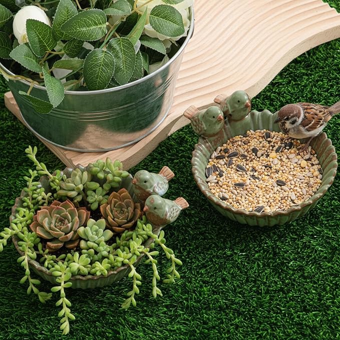 2 Pack 6.3 Inch Birds Special Design Fun Garden Flower Ceramic Planter Birds Feeder Succulent Pot Flowerpot or Feeder Bird Food Holder for Garden Outside Decor for Outdoor Gifts