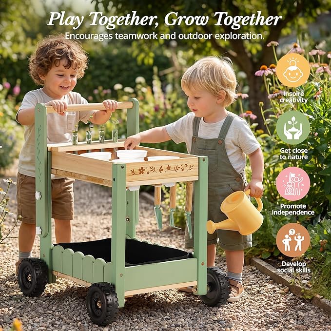 ROBOTIME Kids Gardening Tools with Cart Wheelbarrow - Wooden Outdoor Garden Toys Set with Watering Can, Shovel, Hand Rake & Plant Labels, Outdoor Backyard Play Toys for Toddler Gift (Green)