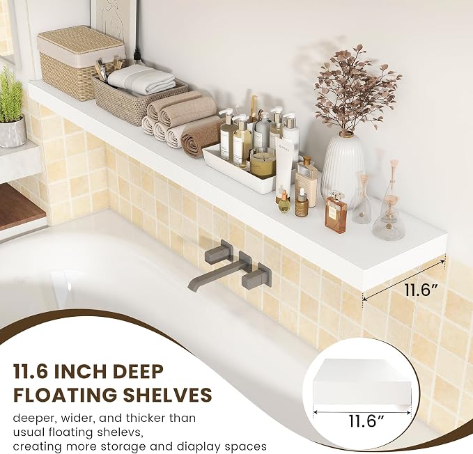 FLYJOE 72 Inch Floating Shelf, 12'' Deep White Shelves for Wall Set of 1