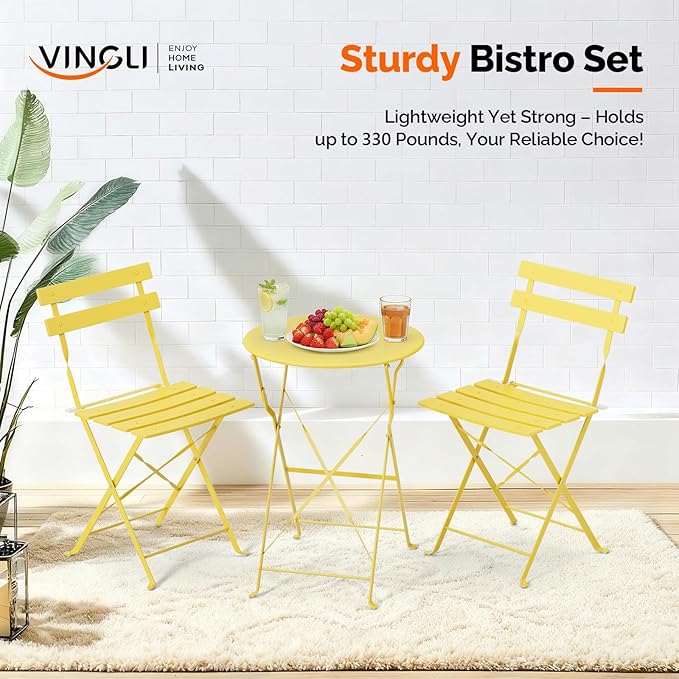 VINGLI Outdoor Folding Bistro Table and Chairs Set of 2, 3-Piece Bistro Set with Premium Steel Frame for Patio, Balcony, Garden, Porch, Yard, Yellow