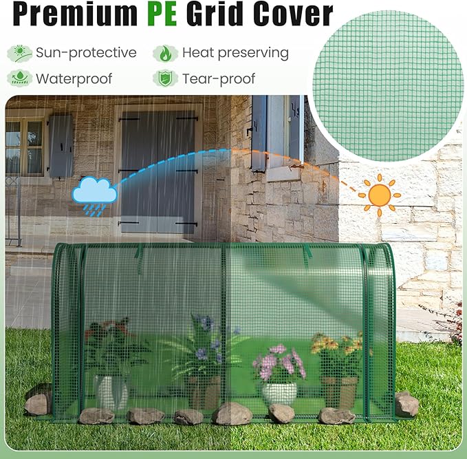 Giantex Raised Garden Bed with Cover, Wood Elevated Planter Box with Legs & Mini Greenhouse, Waterproof Sun-Protective PE Green House Cover, Outdoor Use for Fruit Vegetable Flower Herb (Green+Gray)
