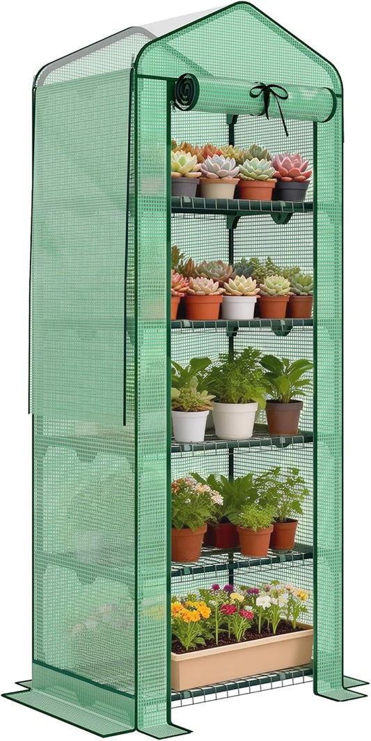 Outsunny 5 Tier Mini Greenhouse with Screen Roof, 27.6" x 19.7" x 75.6", Portable Small Greenhouse with High Strength PE Cover, Roll-Up Zipper Door for Garden Yard Backyard, Green
