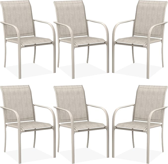 DIFY Patio Dining Chairs Set of 6, Stackable Outdoor Metal Chairs for Garden, Porch and Lawn, Sandshell