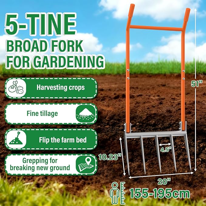 VASALAID Broadfork 5-Tine Broad Fork for Gardening Ergonomic U-Shaped Design Heavy Duty Broadfork Tool for Gardening Cultivating Farm Garden Digging Crushing Aerate Soil (Patent Pending)