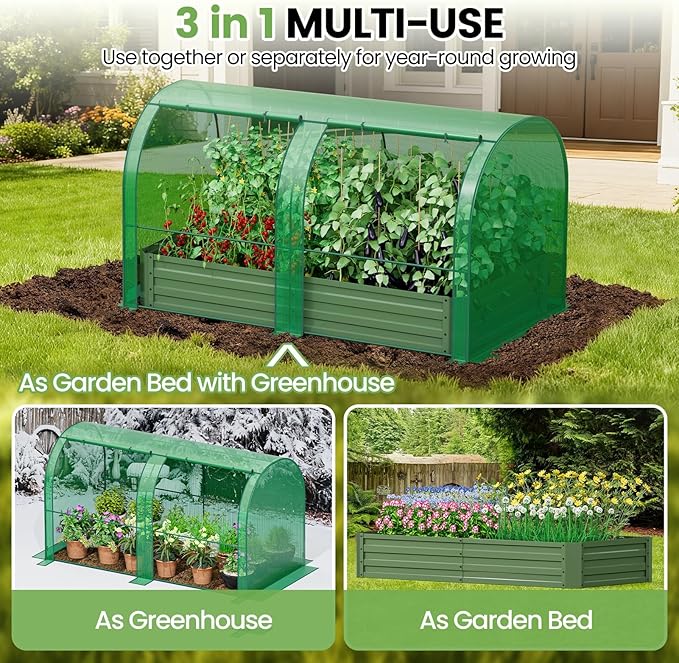 SPECILITE Raised Garden Bed with Mini Greenhouse, Galvanized Metal Planter Box Kit with PE Cover, 2 Roll-Up Doors for Ventilation, Gardening Set for Outdoor Growing Vegetables, Herbs, Fruit & Flowers