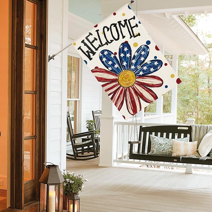 AVOIN colorlife 4th of July Patriotic House Flag 28x40 Inch Double Sided Outside, Memorial Day Welcome Floral Daisy Yard Outdoor Decoration