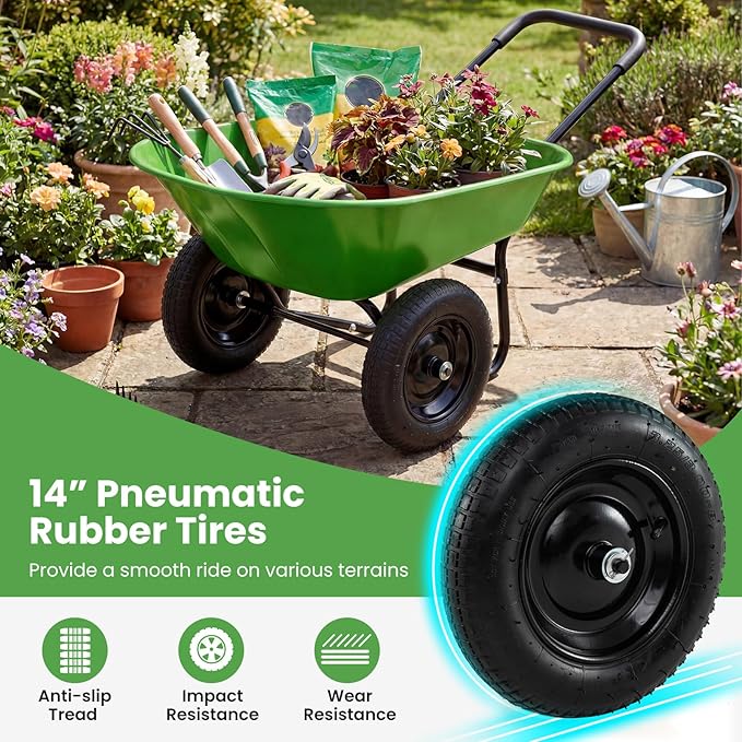 Goplus 2 Wheel Wheelbarrow, Dual Wheel Barrow with 14 inches Pneumatic Rubber Tires, 330 lbs Capacity Garden Yard Cart for Gardening Tool, Moving Soil, Wood, Gravel, Mulch