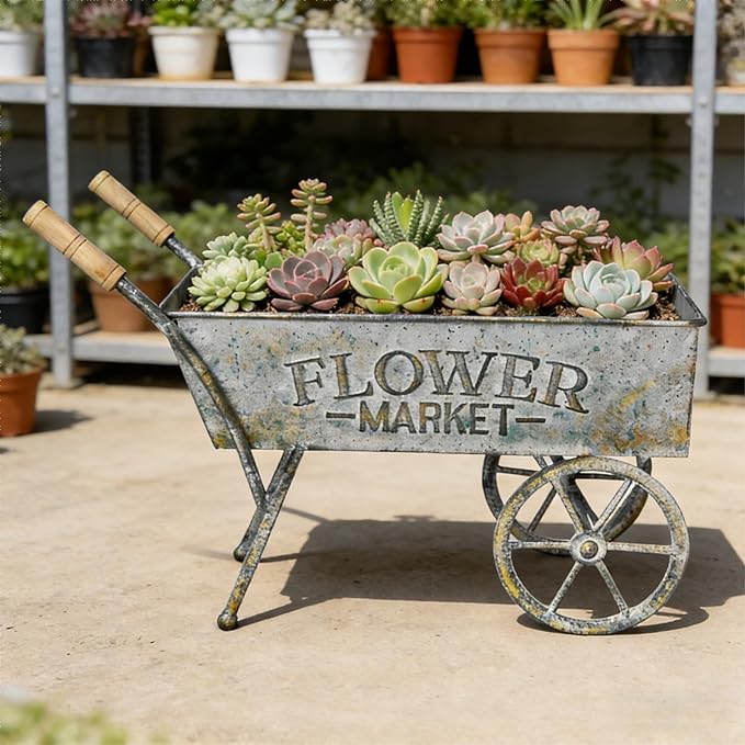 15 Inch Farmhouse Small Flower Cart with Wooden Handles Metal Wagon Planters for Outdoor Plants Decorative Wheelbarrow Plant Cart for Patio Garden Balcony Gray