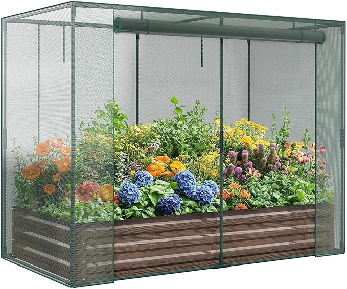 DoCred Crop Cage with Raised Garden Bed, 84.6" x 45.3" x 59" Plant Protection Tent Garden Cages with Window, 2 in 1 Galvanized Raised Garden Bed Kit and Mesh Cover for Garden, Yard, Lawn