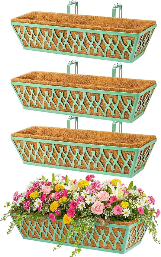 4 Pack 24 Inch Window Boxes Planters Railing Planter Box with Adjustable Brackets for Porch Fence Patio Balcony Hanging Flower Baskets with Coco Liners for Outdoor Garden Decor - Green
