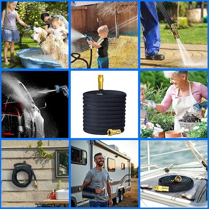 10FT Lightweight Flexible Hose,Solid Brass Head Garden Hose for Boat,RV, Marine Washdown, Lawn,Garden,Camp,outdoor,Superior high pressure TPE water Hose (BlueBlack, 10 FT)