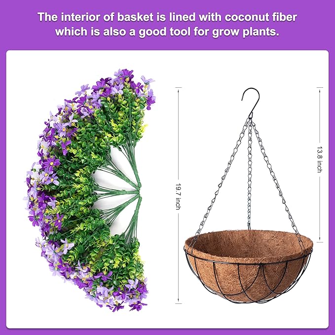 INXUGAO Artificial Flowers with Hanging Planter for Outdoors, Faux Silk Daisy Flower UV Resistant Plants in Basket Indoor Porch Garden Yard Spring Summer Decor(Purple)