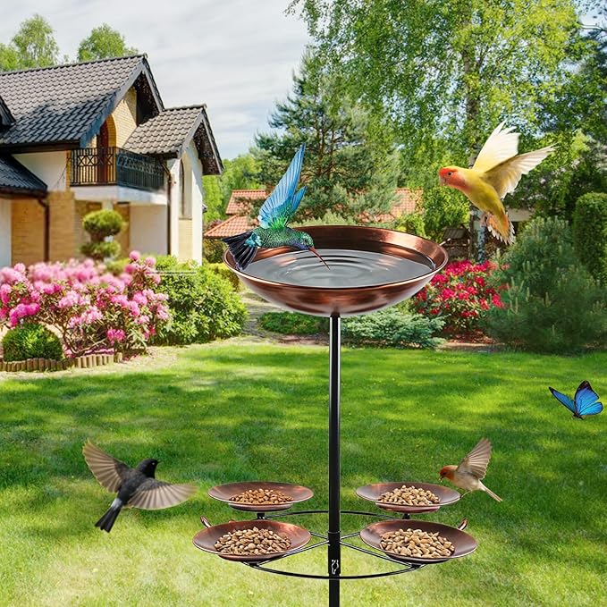 2.8" Deep 41" Tall Metal Bird Bath Bow with 4 Set Bird Feeder for Outdoors,12" Dia 2-in-1 Bird Bath & Feeder Water Bowl,Vintage Standing Birdbaths with Stable Stake for Garden Yard Lawn Decor