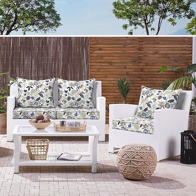 LVTXIII Outdoor Deep Seat Cushion Patio Seat and Back Cushion Set Seasonal Chair Cushion with Removable Cover and Adjustable Buckle for Home and Garden, 22"x22"x4", Breeze Leaves Beige
