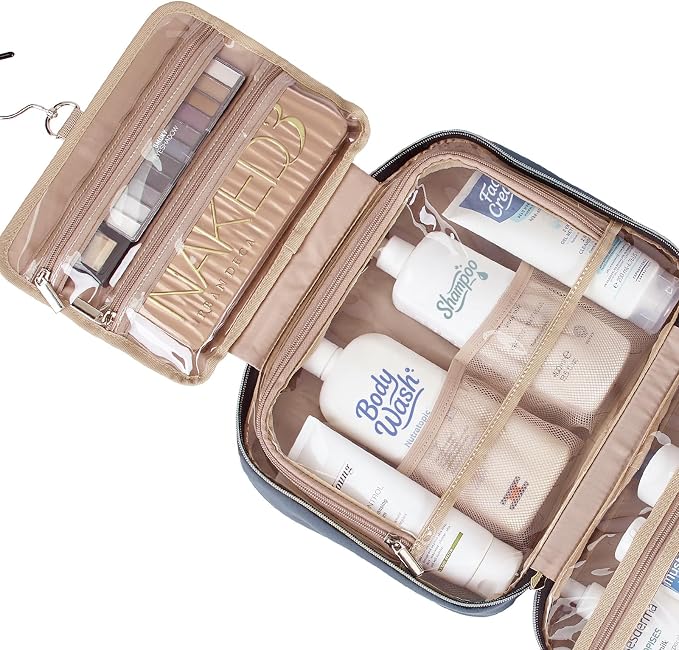 NISHEL Travel Toiletry Bag for women, Portable Hanging makeup Organizer | for Travel-Sized Shampoo, Conditioner, Brushes Set, makeup Accessories, Large Size, Aegean-Blue