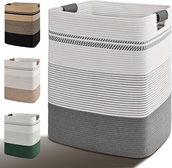 Laundry Hamper, 85L Tall Laundry Basket with Leather Handles, Rectangle Large Clothes Hamper for Organizing, Cotton Woven Laundry Baskets Storage Hampers for Bedroom, Nursery, Living Room