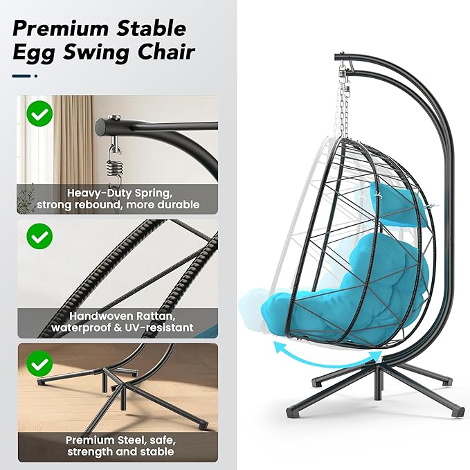 Easyego 2-Person Wicker Hanging Egg Chair with Stand- 700 lb Capacity, Indoor/Outdoor Double Egg Swing Hammock Chair for Patio, Garden, Porch, Living Room, Bedroom-Blue