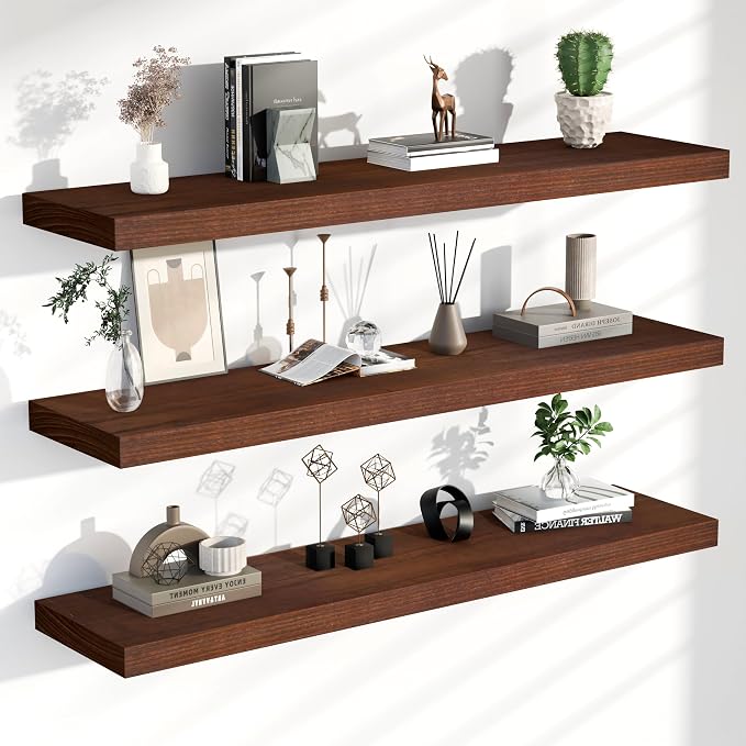 48 Inch Floating Shelves for Wall, Set of 3 | Wood Wall Mounted Shelves with Invisible Brackets, Rustic Farmhouse Long Shelf for Bedroom Living Room Kitchen (Walnut)