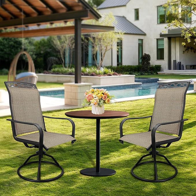 SHGJ&SOFT Patio Swivel Chairs, Waterproof Outdoor Dining Chairs with All-Weather Textilene Mesh for Deck, Garden, and Backyard (Patterned backrest-Brown, Set of 8)