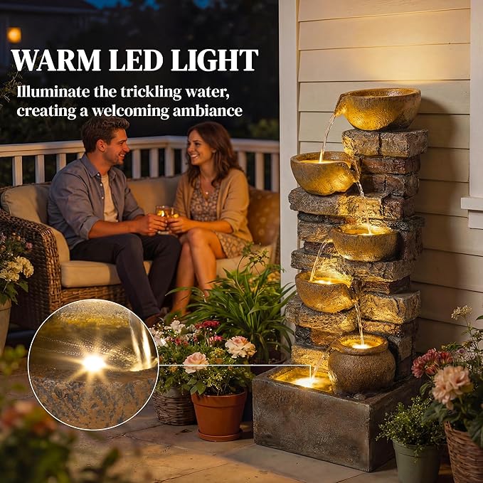 Outsunny 28" Outdoor Fountain with 5-Tier Rustic Jugs and Rock, Cascading Waterfall with LED Lights, Adjustable Flow, Resin Freestanding Garden Fountain for Garden Patio, Rustic Brown
