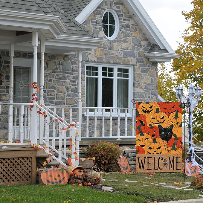 Louise Maelys Halloween Welcome Garden Flag Black Cat Pumpkin 12x18 Inch Double Sided Boo Holiday Fall Autumn Seasonal Small Burlap Yard Sign Outside Outdoor House Decoration