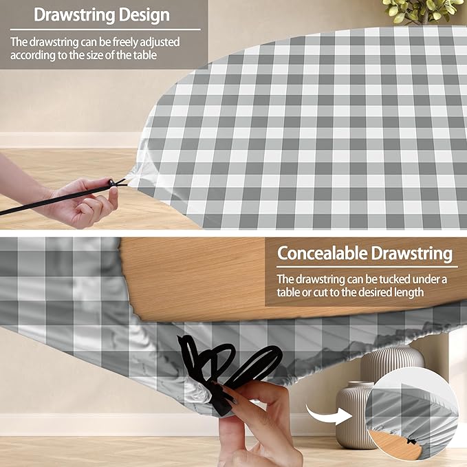 Fitted Round Tablecloth Wipe Clean Table Cloth Vinyl Inside Outside Circle Cover for 45-54" Tables Dining Kitchen Family Festival Items Gifts Summer Fall Patio Picnic Camp Garden Essential