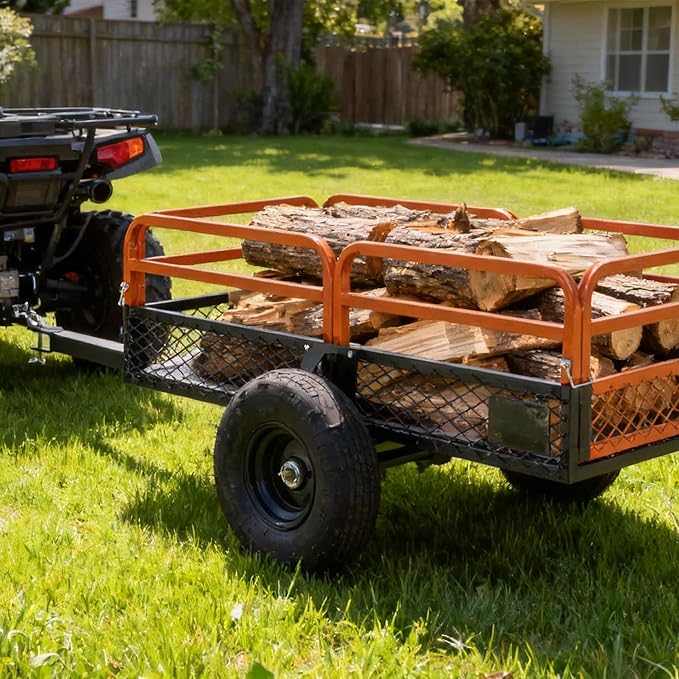 Heavy Duty 1500LBS Capacity 15 Cu.ft Dump Cart Trailer with Dual-Control Dumping for ATV UTV Lawn Tractor Zero-Turn Mower, All-Terrain Pneumatic Tires & Rust Resistant Steel Construction
