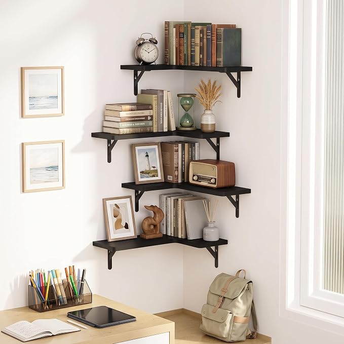Amada Corner Floating Shelves, Paulownia Wood, Set of 4, Black | Corner Wall Shelves with Triangular Metal Bracket, 44 lbs Capacity per Shelf, L-Shaped Design for Home Decor, Kitchen Storage