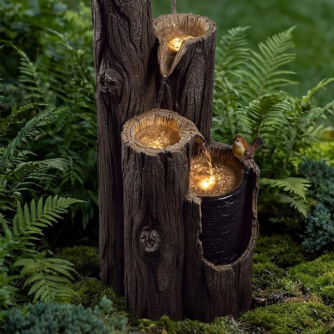 42-Inch Outdoor Water Fountain, 4-Tier Resin Birdhouse Waterfall Fountain with 4 Warm LED Lights, Rustic Tree Trunk Design, Home Decor for Garden, Porch, Deck, Yard, Patio, Lawn in Black
