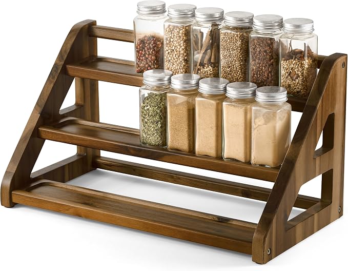Tinamo Acacia Wood Spice Rack, 3-Tier Spice Rack Organizer for Countertop | Solid Acacia Wood, 3-tier Spacious Design for 24 Spice Jars, Cutout Grooves for Secure Storage, Easy Assembly, Walnut Finish