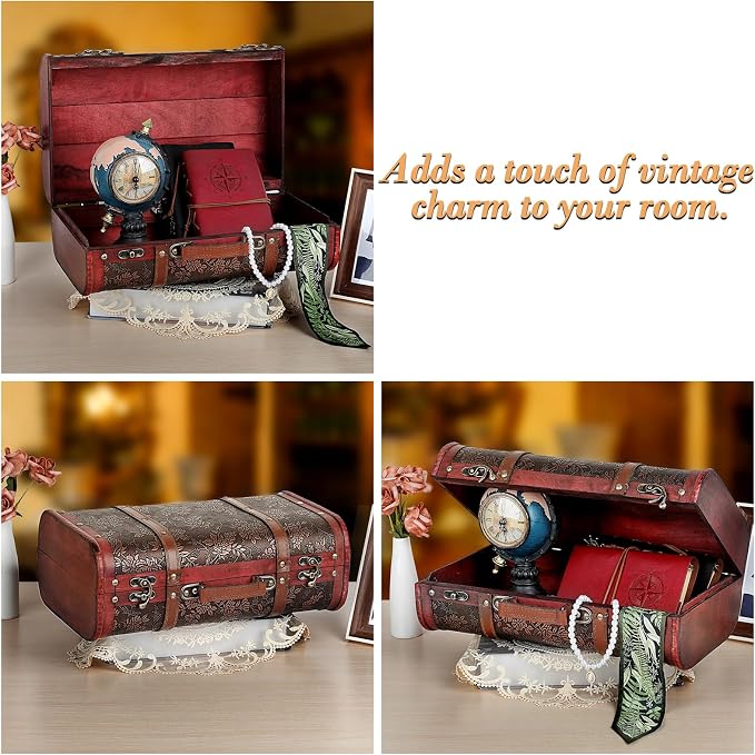 ELLDOO Vintage Wooden Storage Chest, Portable Decorative Luggage Suitcase | Treasure Chest Box with Grape Pattern, Pirate Keepsakes Box for Gifts, Chest Storage Box for Decor Storage Travel
