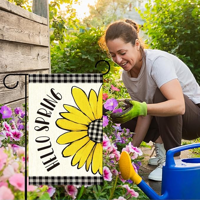 Hello Spring Flags for Outside,Buffalo Plaid Daisy Garden Flag for Yard Patio Lawn Decoration,12x18 Inch Double Sided