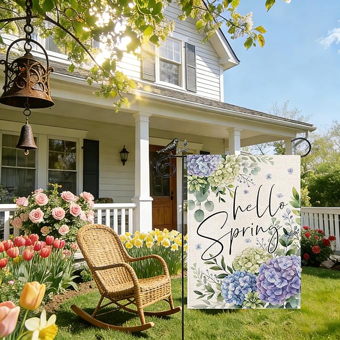 GEEORY Hello Spring Hydrangea Eucalyptus Garden Flag 12x18 Inch, Double Sided Spring Summer Decor, Farmhouse Rustic Outdoor Floral Flag Outside Yard Lawn Decoration