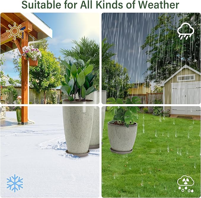 Neoaider 24/21/12 Inch Large Plastic Planter, Lightweight Ceramic-Look Tall Planters with Drain Hole & Saucers, Tall Plastic Planters for Porch, Garden, Patio, Balcony(Drip Glaze)