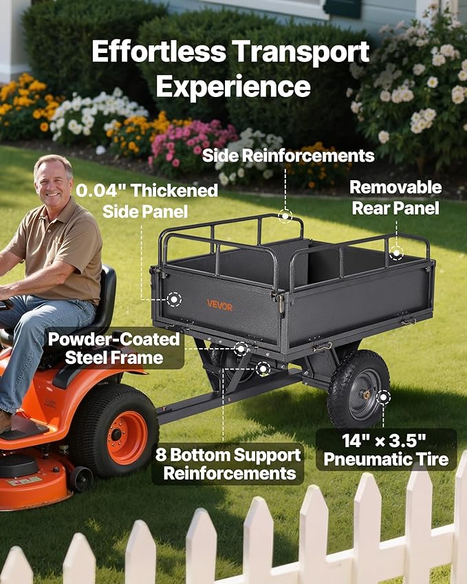 VEVOR 10 Cu.Ft. & 500lbs ATV Trailer Dump Cart Tow Behind, Heavy Duty Utility UTV Trailer, Tow Behind Steel Yard Dump Wagon Cart with 14" Tires for Lawn Mower Tractor