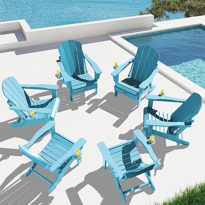 SERWALL Foldable Adirondack Chair Set of 4, Weather Resistant HIPS Patio Chairs with Cup Holder for Patio Garden Outdoors- Aruba Blue
