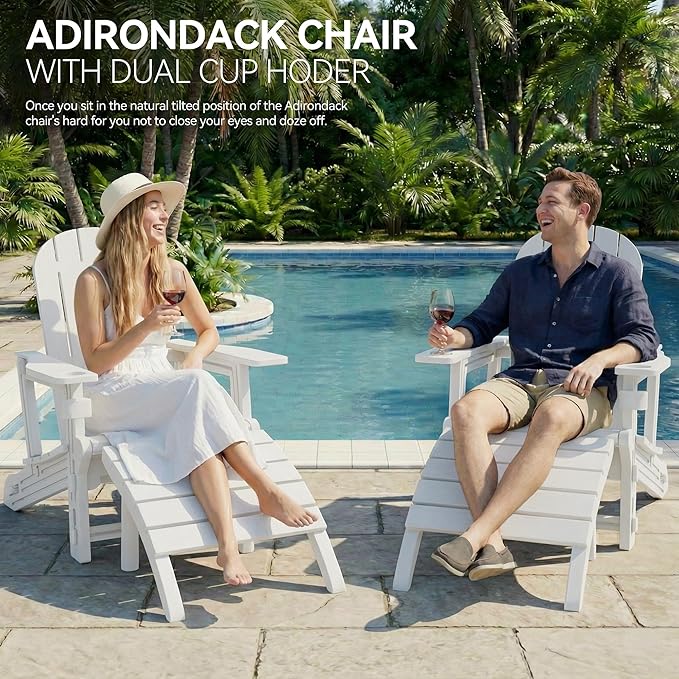 Vongrasig Adirondack Chairs Set of 2 with Removable Tabletop and Footrest, HDPE Plastic Outdoor Chair Set with Wooden Textured, Cup Holder for Patio, Poolside, Garden, White, 5 Pieces