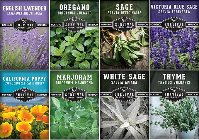 Drought-Tolerant Flower & Herb Seed Collection - 8 Packets of Seeds to Grow Drought-Resistant Plants for Growing in Xeriscape Gardens - Non-GMO Heirloom Open-Pollinated - Survival Garden Seeds