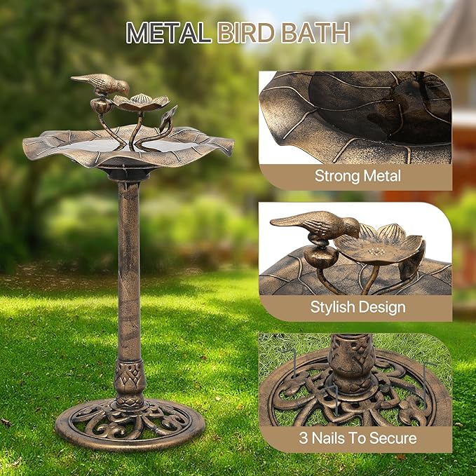 Athena Collection 35'' Outdoor Bird Bath, Vintage Pedestal Birdbath with 2-Tier Fountain Bowl, 5l Polypropylene Bird Bath with Lotus Accents, Garden Patio Yard Lawn Decor for Attracting Birds, Bronze