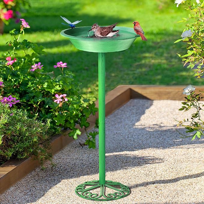 WANGIRO Stand Bird Baths for Outdoors 12 Inch Outdoor Garden Bird Feeder Metal Birdbath with Magnetic Dragonfly for Backyard Birding Freestanding for Garden Yard and Lawn Decoration-Green