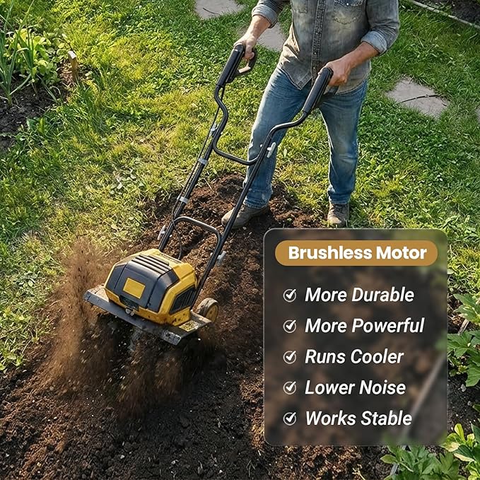 40V Brushless Cordless Tiller Cultivator Compatible with Dewalt 20V Battery(Tool Only), Electric Garden Tiller w/16 Steel Tines, 14.2" Tilling Width, 8.7" Depth, Safety Lock, Portable Rototiller