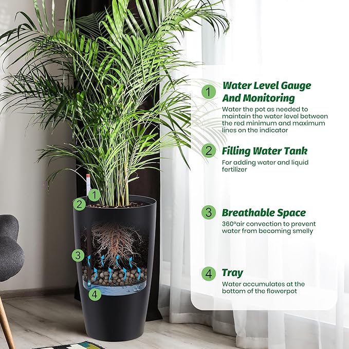22" Tall Round Planter Set of 2, Self Watering Pots, Large Planter for Indoor Outdoor Plants, Built-in Drainage and a Water Level Monitor, for Patio, Porch, Living Room, or Home Office, Black