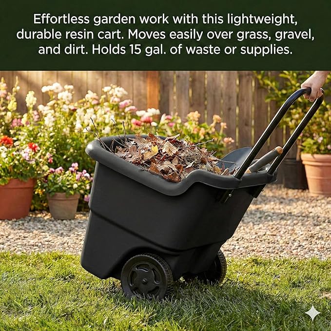 15-Gallon Rolling Garden Cart & Utility Wagon – Lightweight Resin Yard Waste Bin with Telescoping Handle & 7-Inch Wheels – Portable Outdoor Organizer for Lawn, Mulch, Firewood (Black)